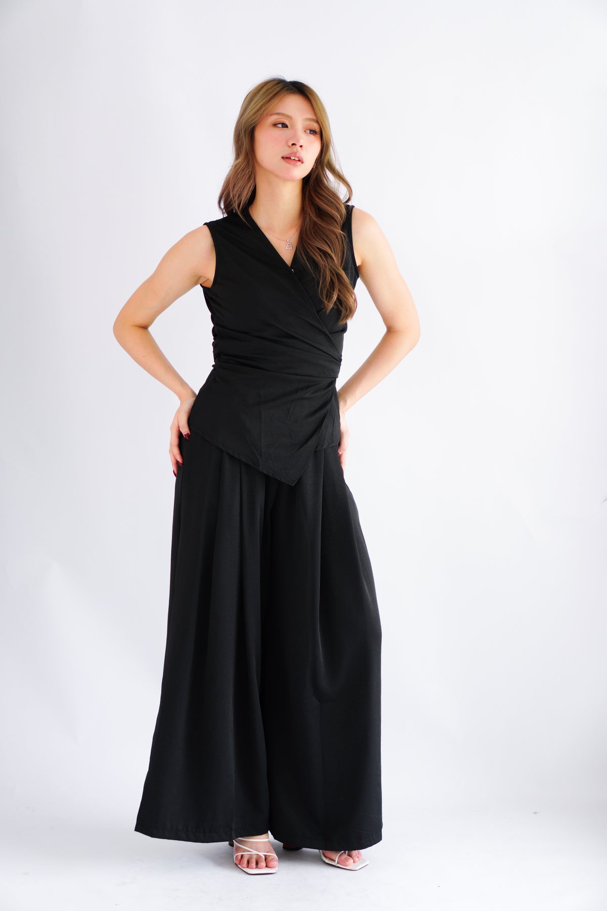 Rensa 2.0 V Neck Wrap Top and Pants Set in Black