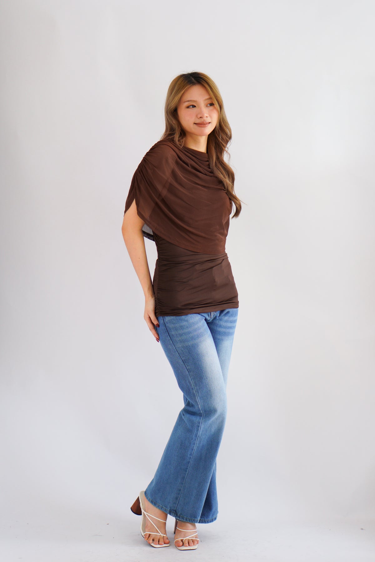 Rhea Mesh Cape Top in Brown