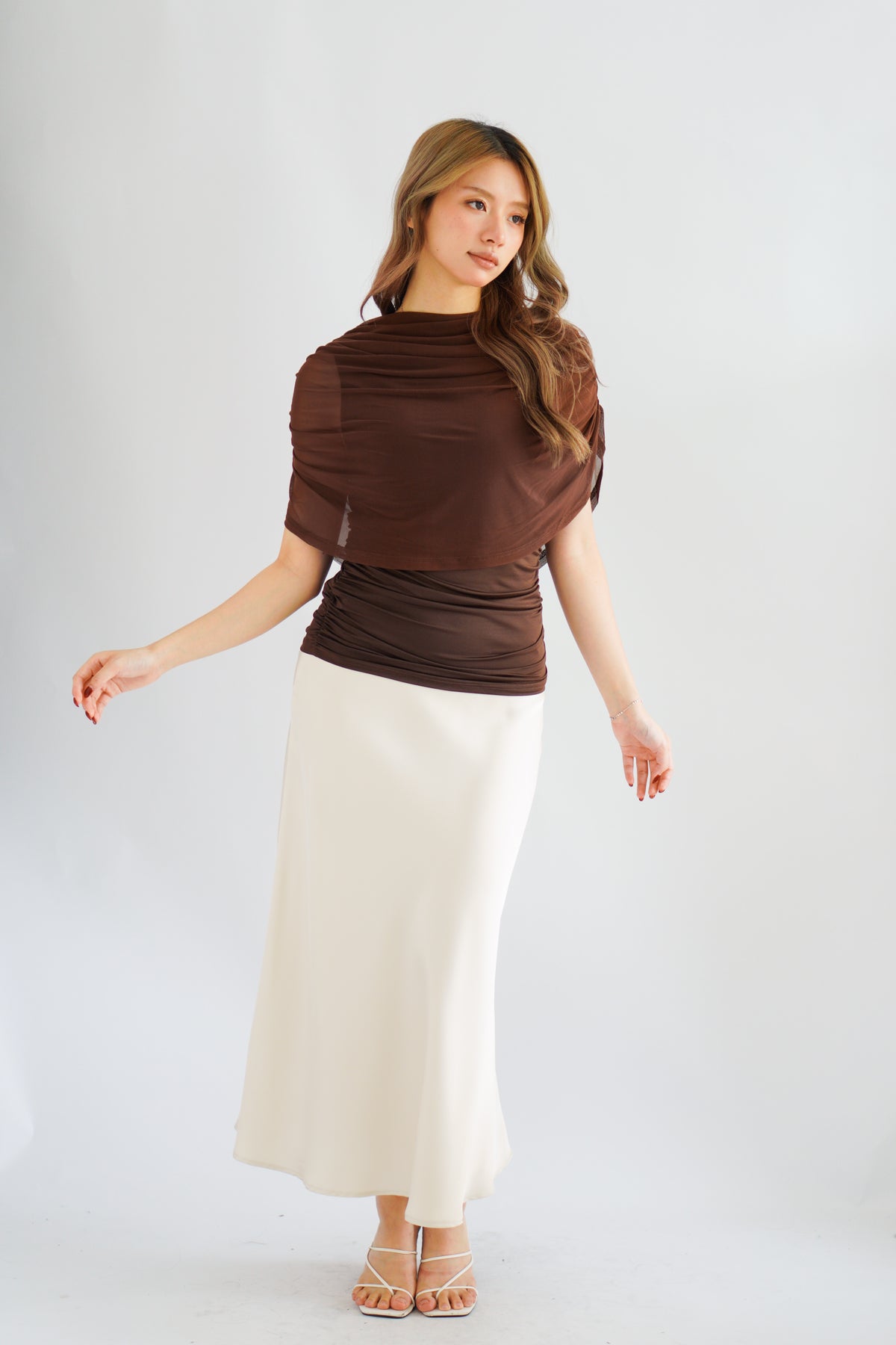 Rhea Mesh Cape Top in Brown
