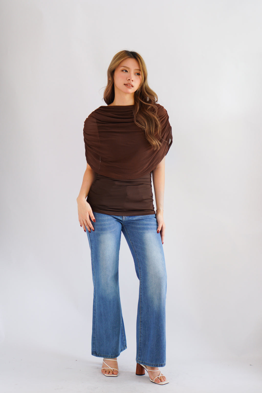 Rhea Mesh Cape Top in Brown