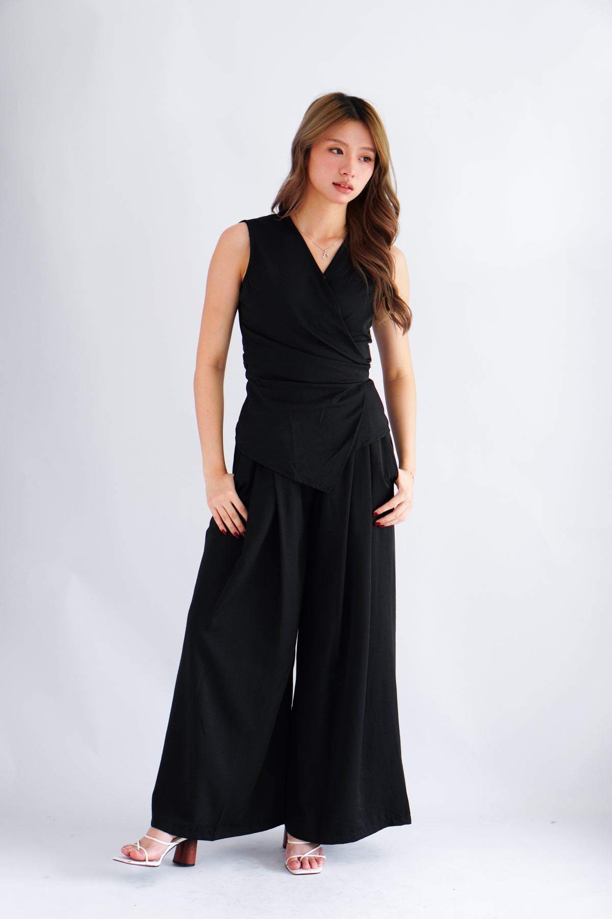 Rensa 2.0 V Neck Wrap Top and Pants Set in Black