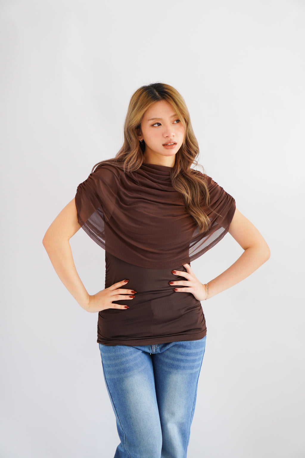Rhea Mesh Cape Top in Brown