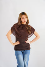 Rhea Mesh Cape Top in Brown
