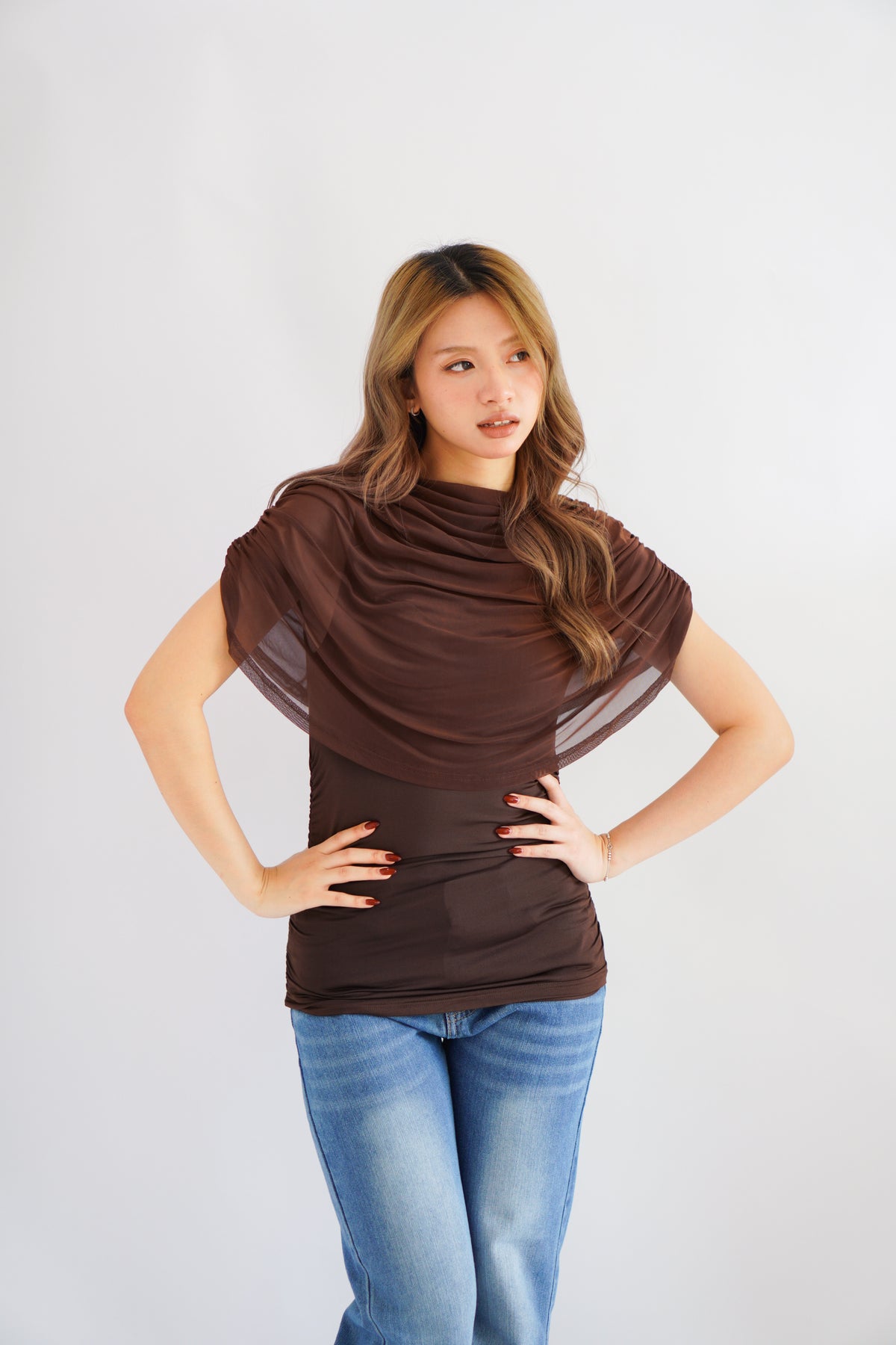 Rhea Mesh Cape Top in Brown