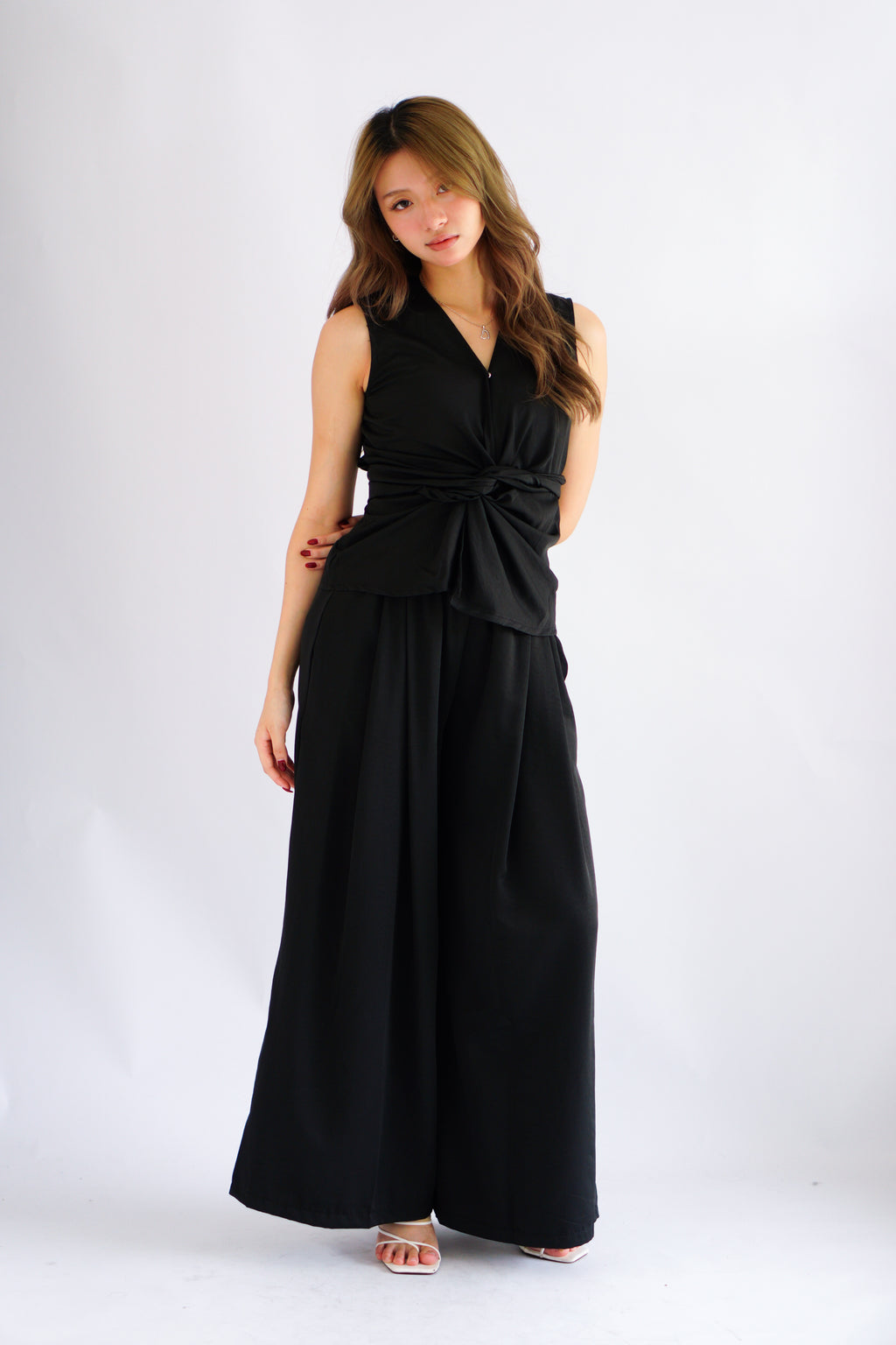 Rensa 2.0 V Neck Wrap Top and Pants Set in Black