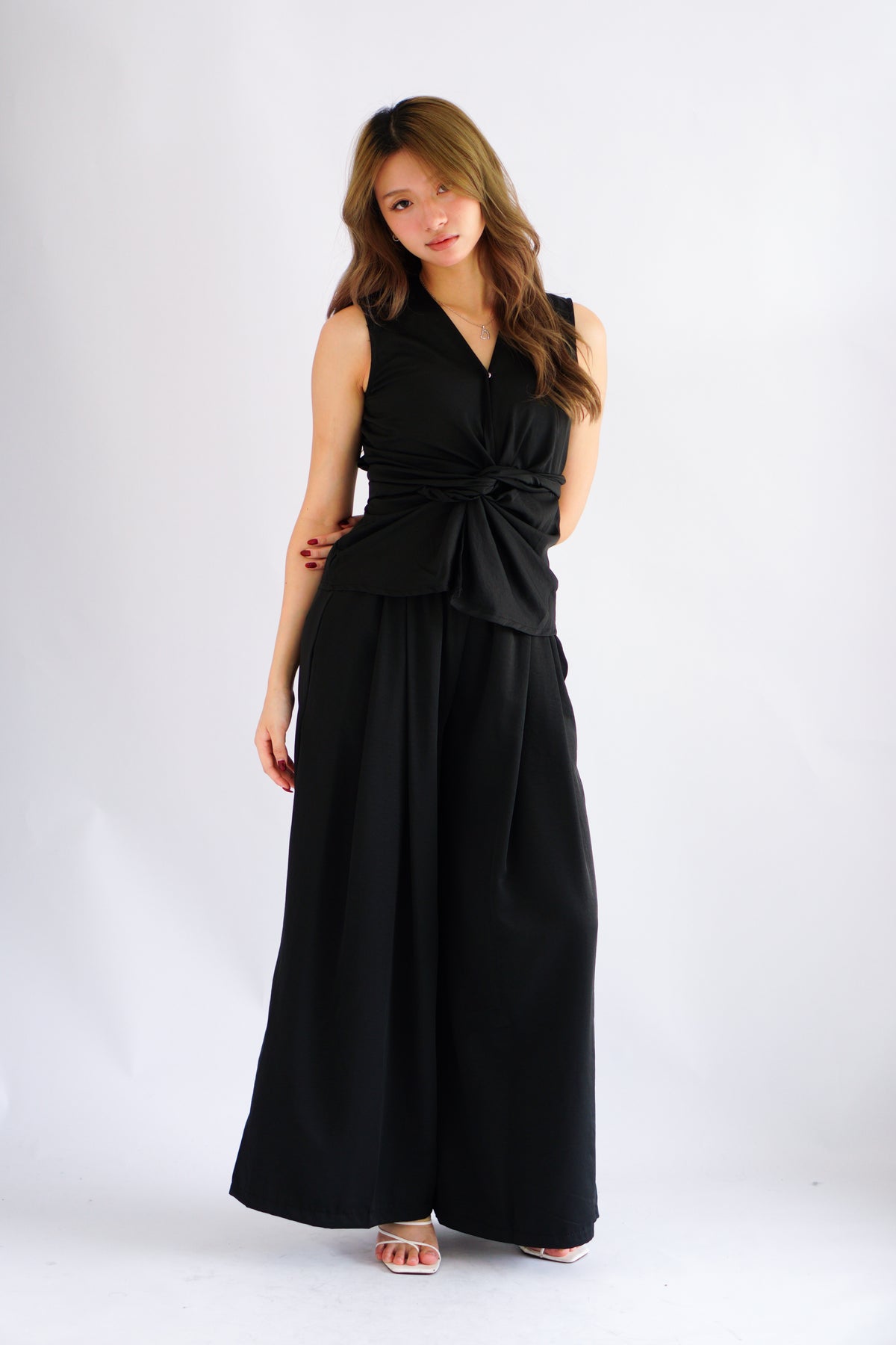 Rensa 2.0 V Neck Wrap Top and Pants Set in Black