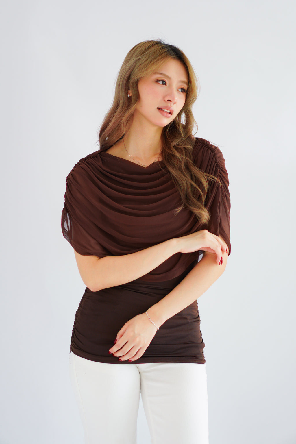 Rhea Mesh Cape Top in Brown