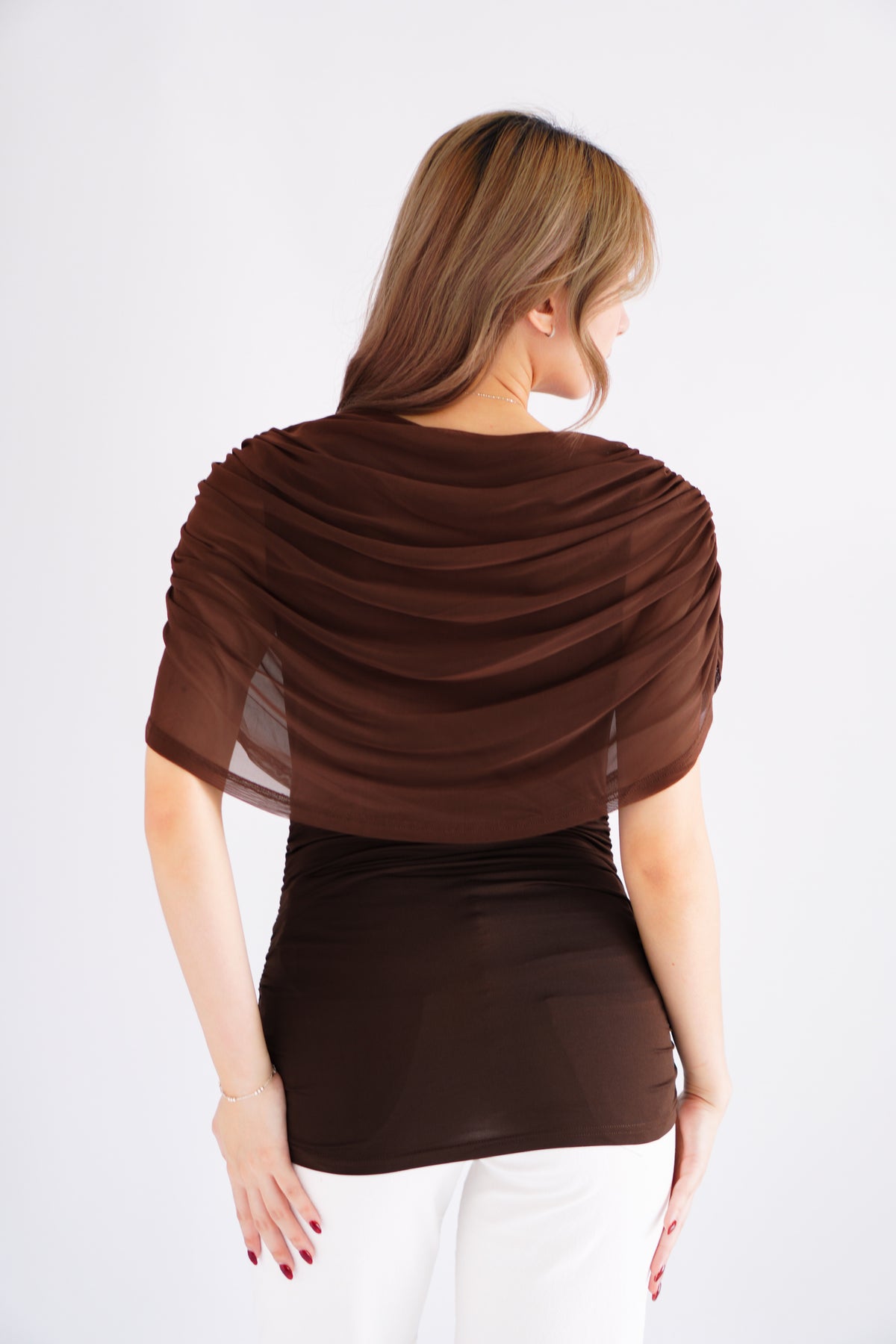 Rhea Mesh Cape Top in Brown