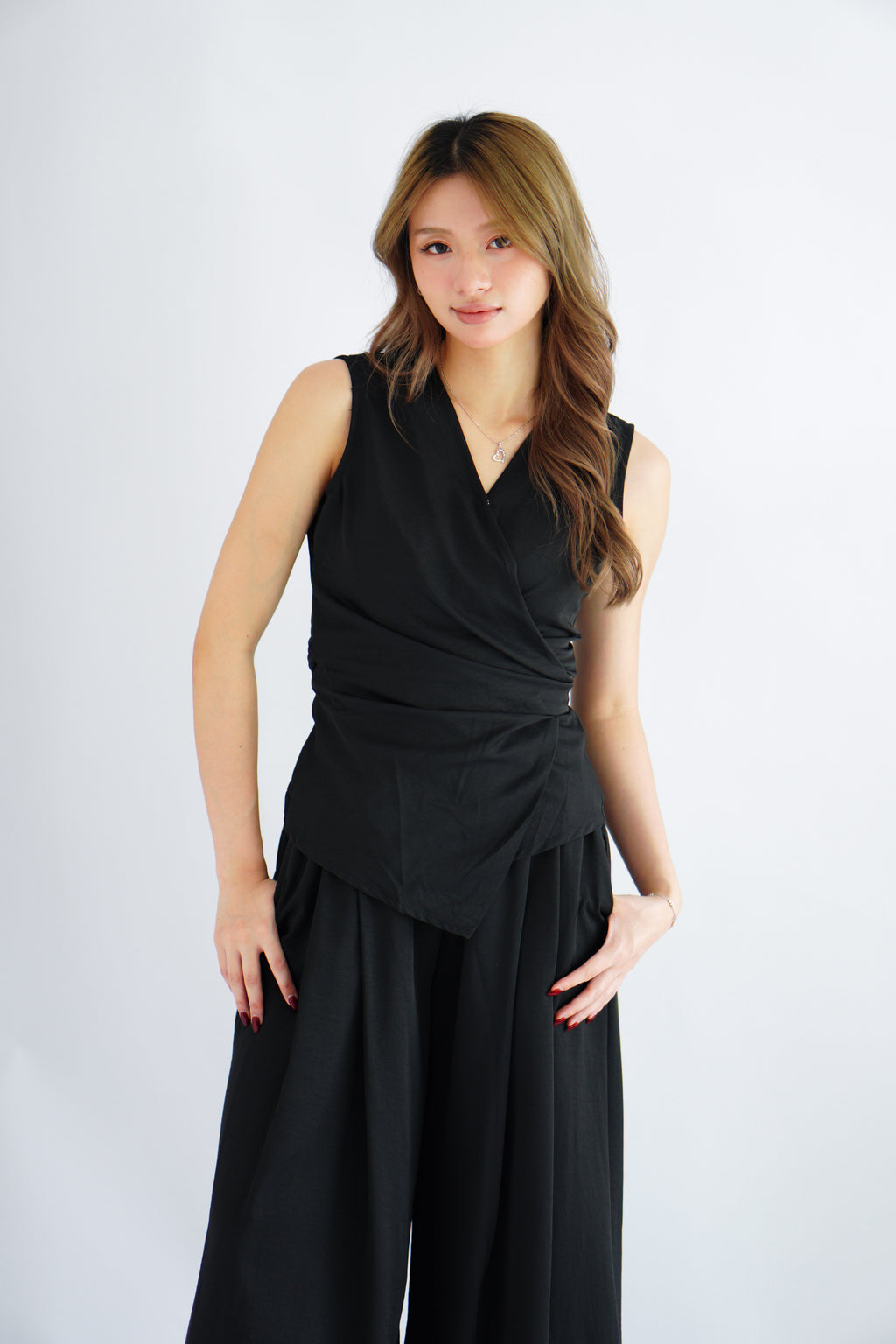 Rensa 2.0 V Neck Wrap Top and Pants Set in Black