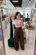 Veda High Waisted Wide Legged Pants in Brown