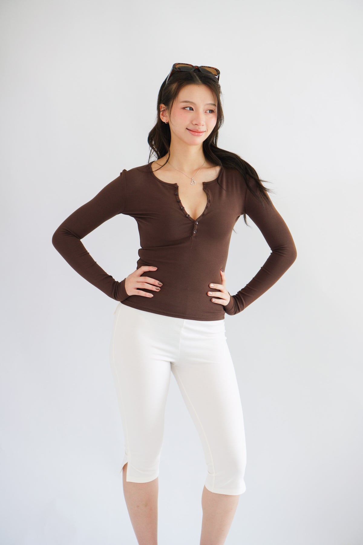 Alix Button Down Long Sleeve Top in Brown