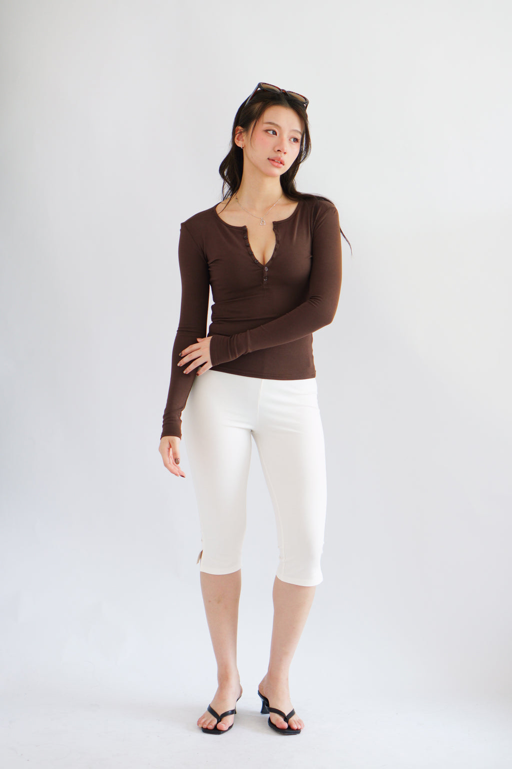 Alix Button Down Long Sleeve Top in Brown