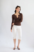Alix Button Down Long Sleeve Top in Brown