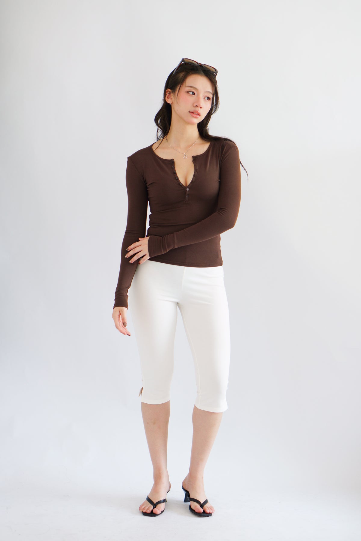 Alix Button Down Long Sleeve Top in Brown