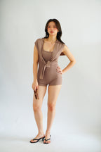 (BACKORDER) Lovi Padded Jumpsuit with Self Tied Scarf in Khaki