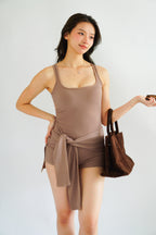 (BACKORDER) Lovi Padded Jumpsuit with Self Tied Scarf in Khaki