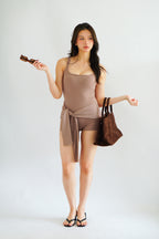(BACKORDER) Lovi Padded Jumpsuit with Self Tied Scarf in Khaki