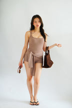 (BACKORDER) Lovi Padded Jumpsuit with Self Tied Scarf in Khaki