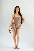 (BACKORDER) Lovi Padded Jumpsuit with Self Tied Scarf in Khaki