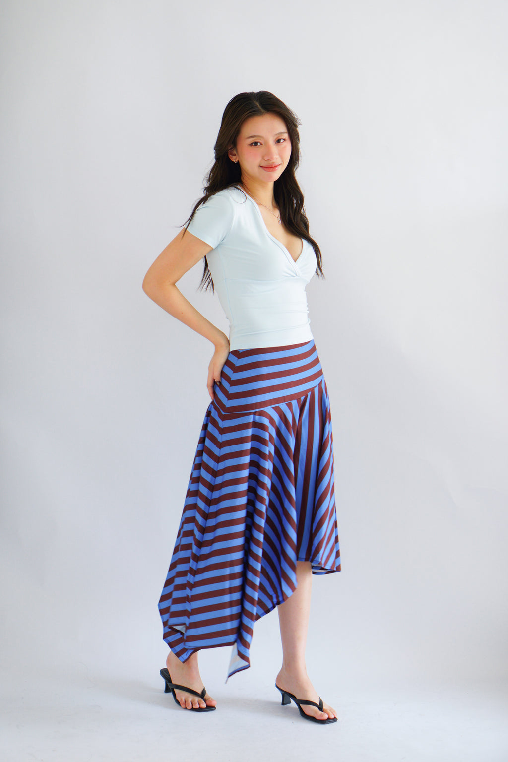 Vivia Stripes Asymmetrical Skirt in Brown & Blue