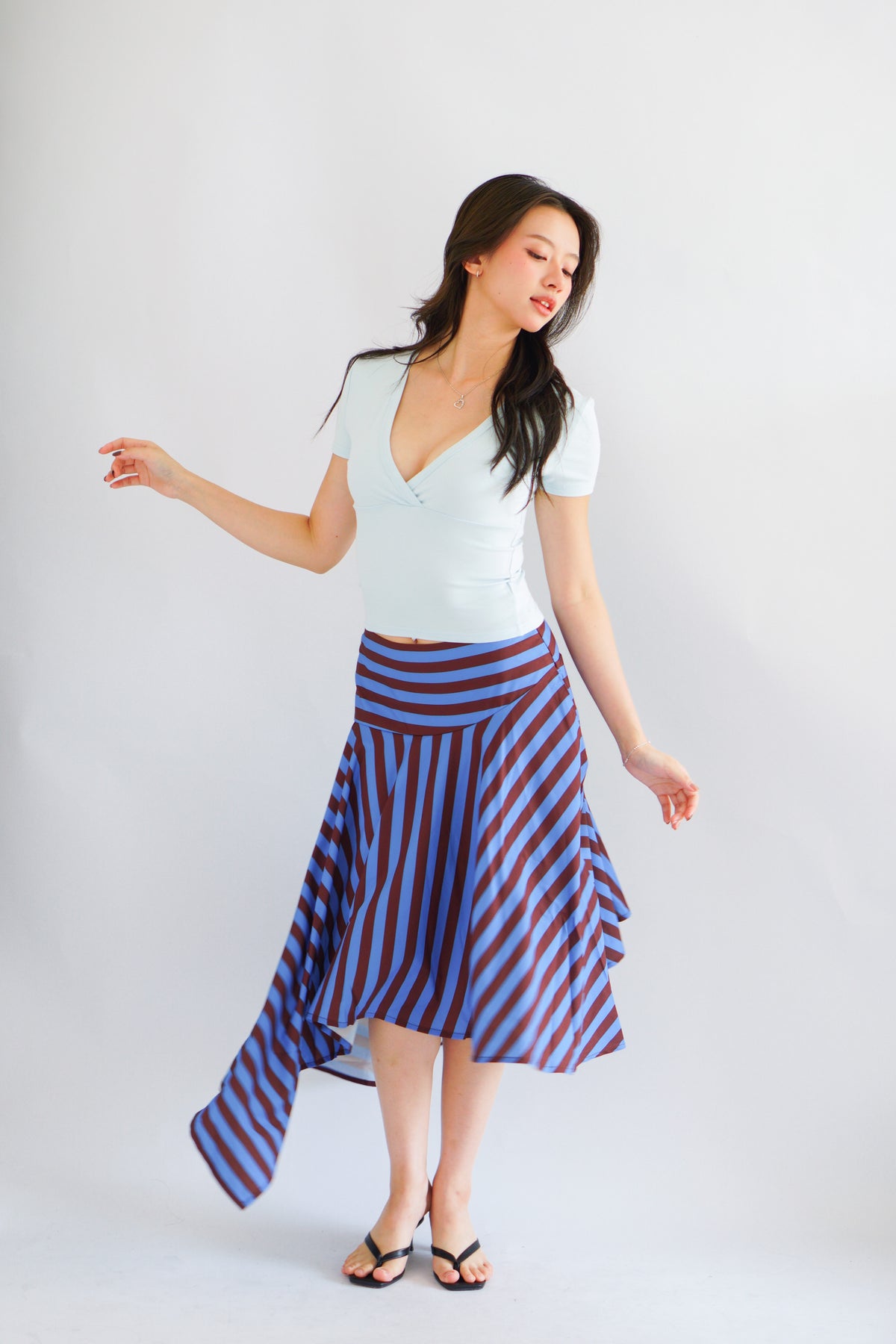 Vivia Stripes Asymmetrical Skirt in Brown & Blue