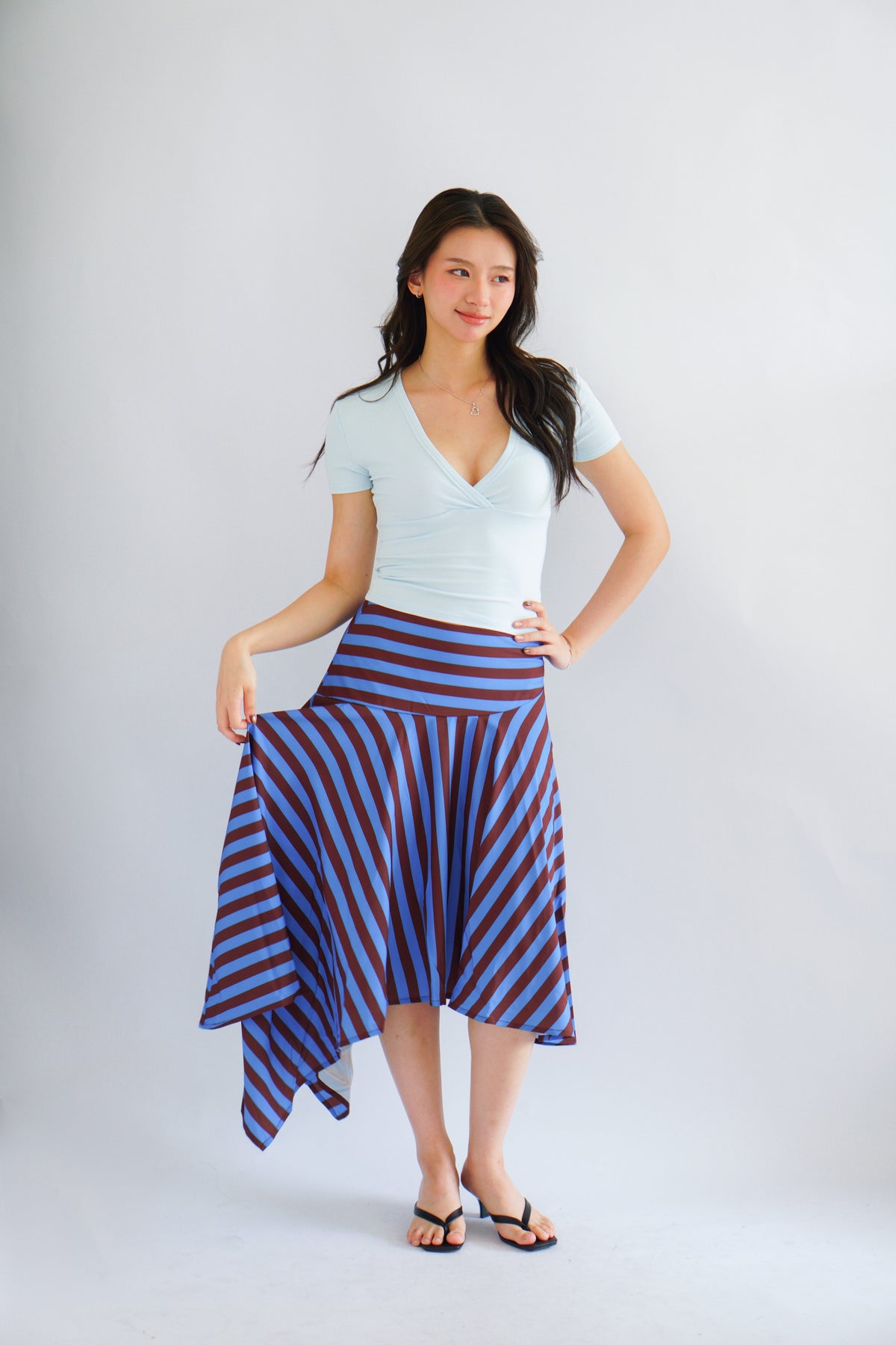 Vivia Stripes Asymmetrical Skirt in Brown & Blue