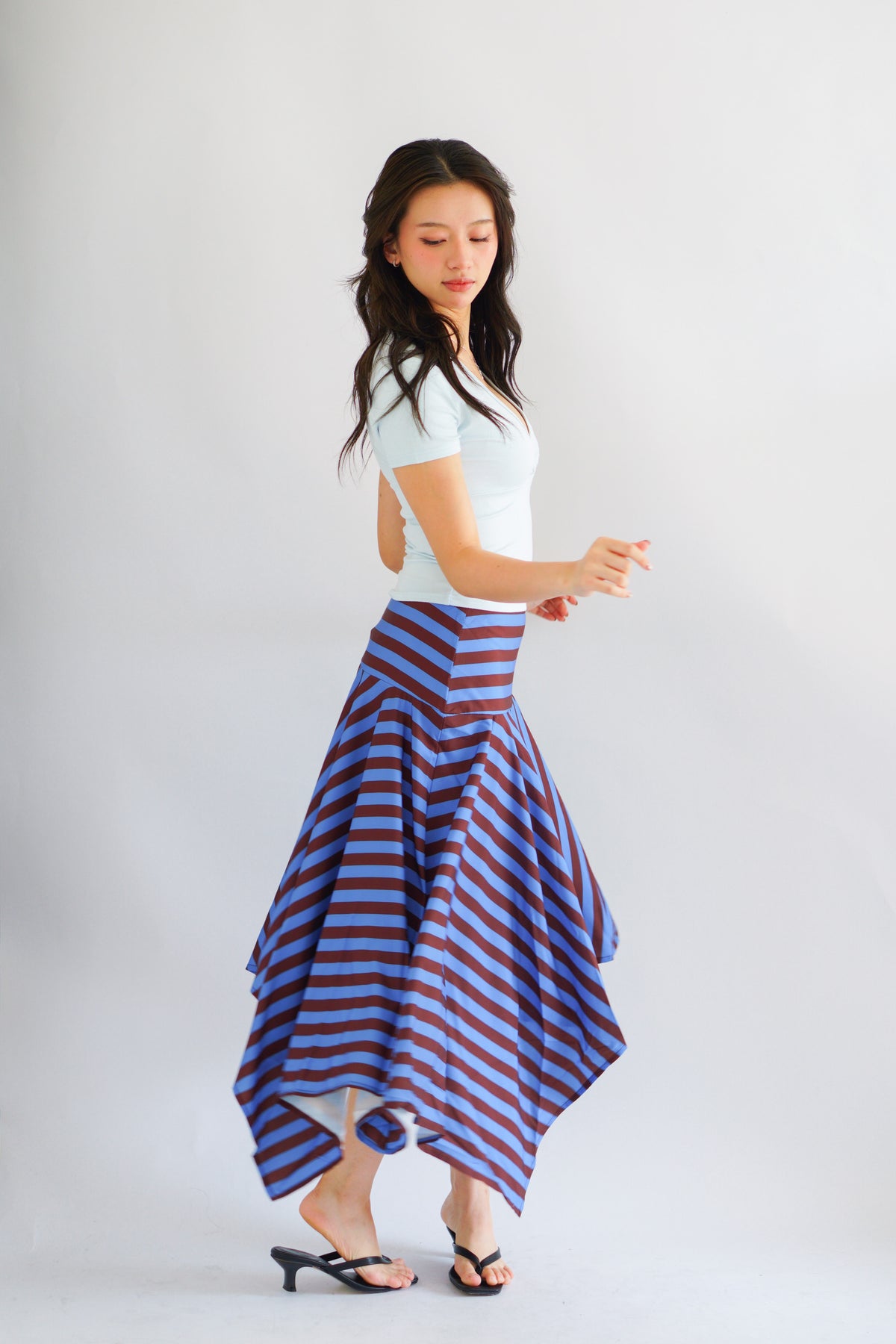 Vivia Stripes Asymmetrical Skirt in Brown & Blue