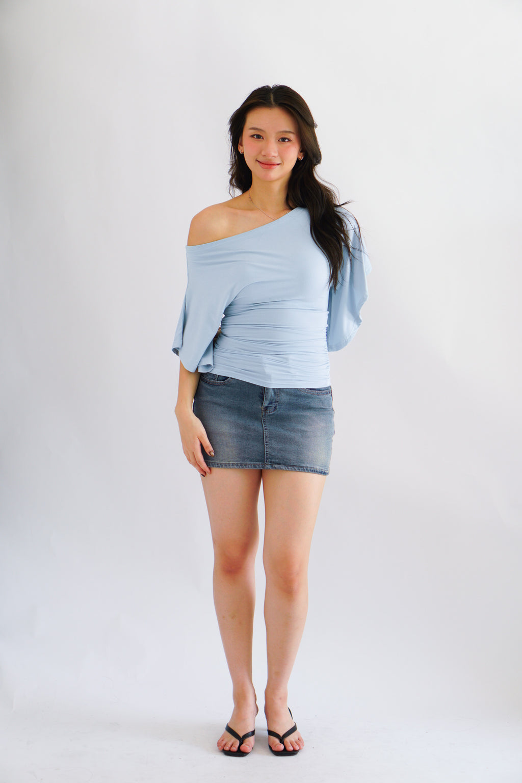 (BACKORDER) Sabrina Flutter Sleeves Ruched Waist Top in Blue