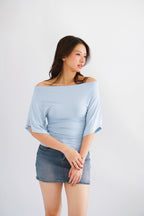 (BACKORDER) Sabrina Flutter Sleeves Ruched Waist Top in Blue