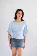 (BACKORDER) Sabrina Flutter Sleeves Ruched Waist Top in Blue