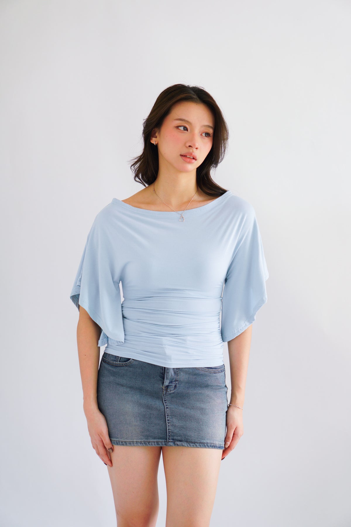 (BACKORDER) Sabrina Flutter Sleeves Ruched Waist Top in Blue