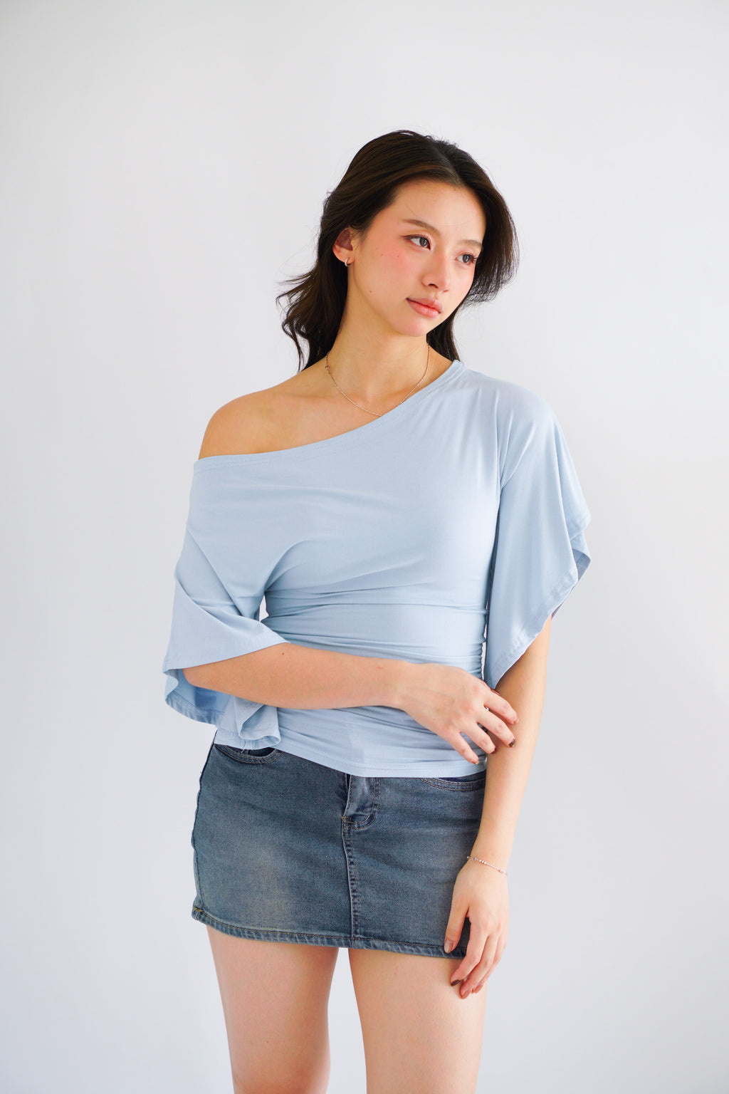 (BACKORDER) Sabrina Flutter Sleeves Ruched Waist Top in Blue