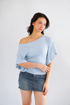 (BACKORDER) Sabrina Flutter Sleeves Ruched Waist Top in Blue