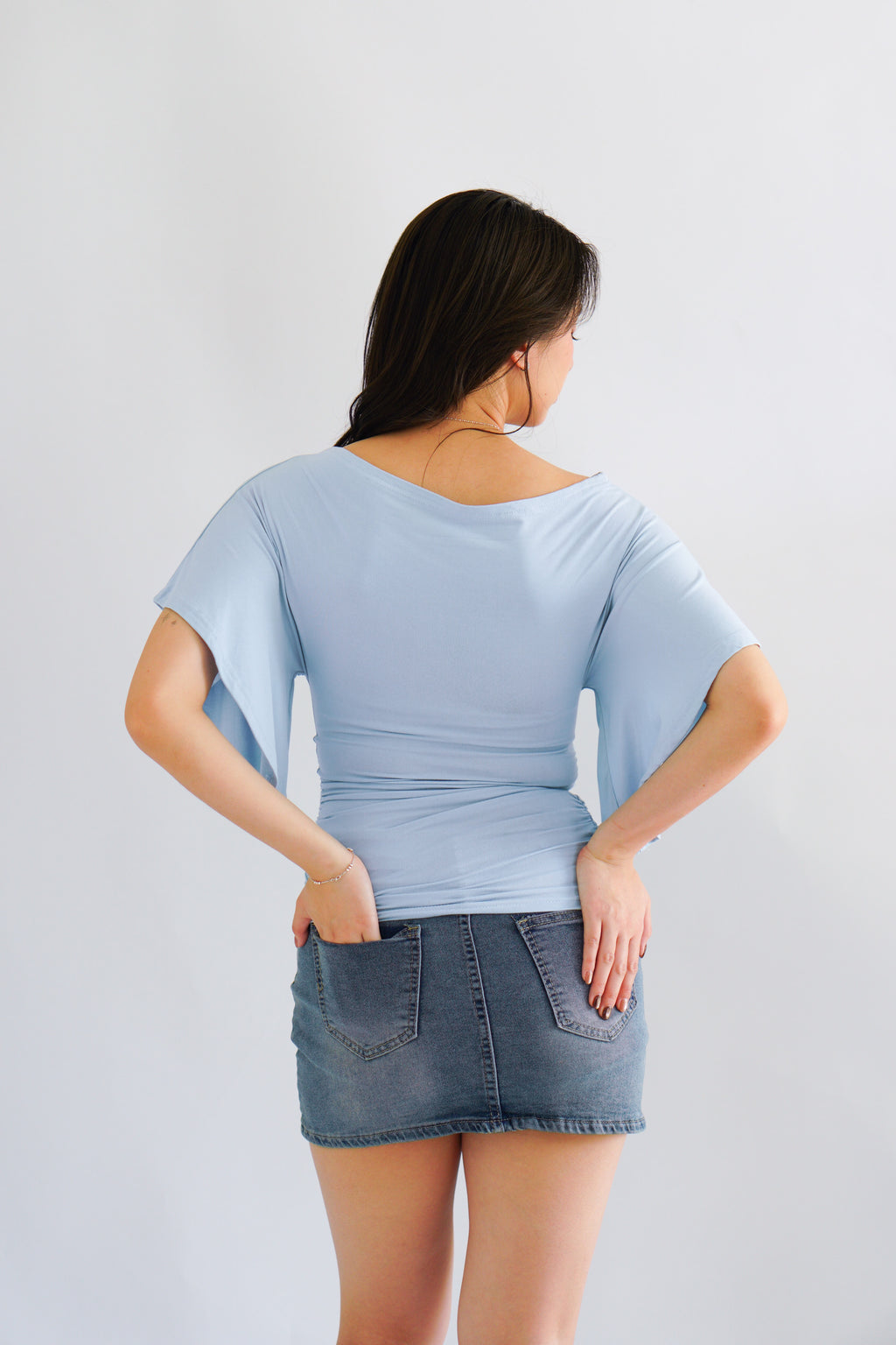(BACKORDER) Sabrina Flutter Sleeves Ruched Waist Top in Blue