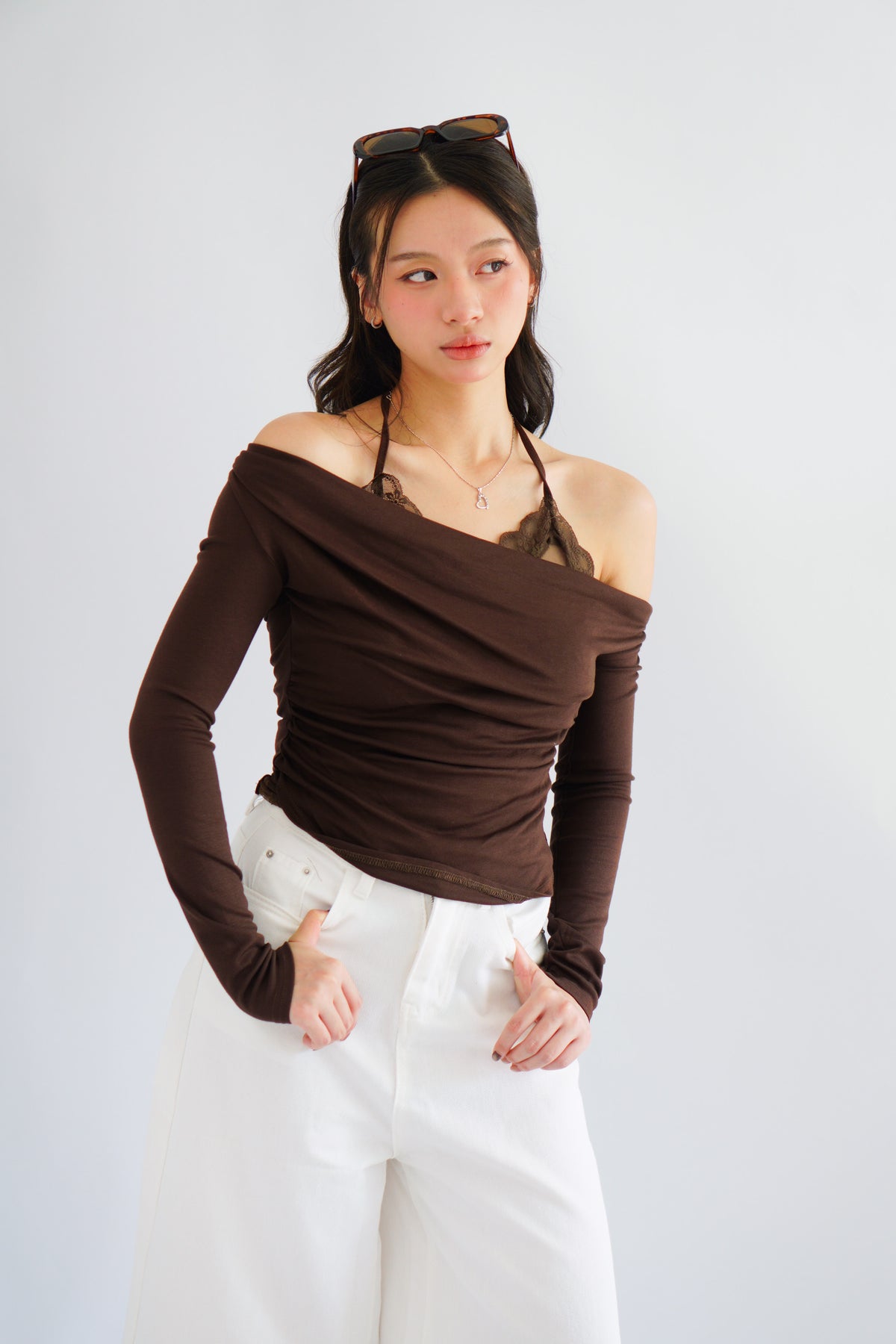 (BACKORDER) Nyra Faux 2 Piece Long Sleeve Lace Top in Brown