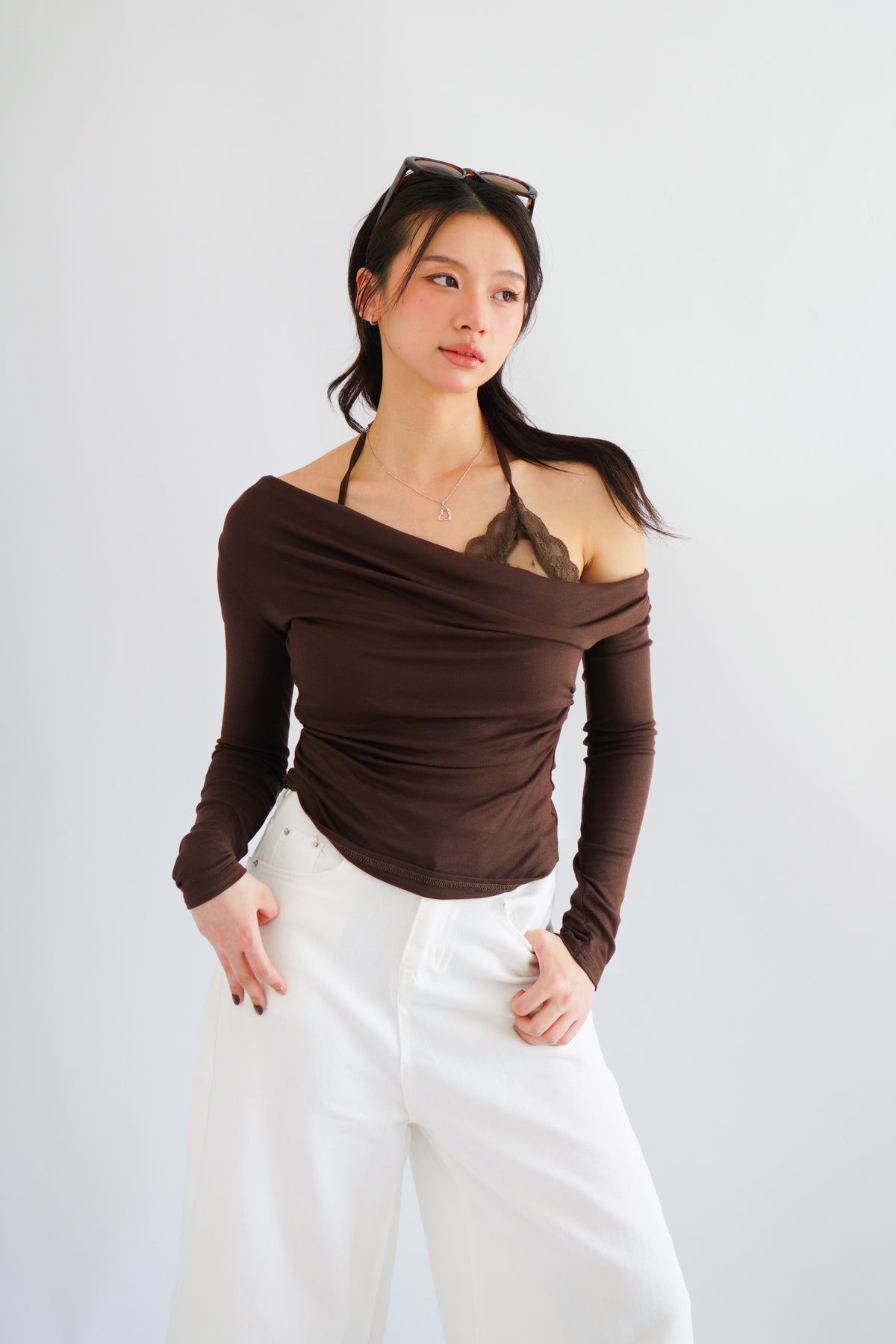 (BACKORDER) Nyra Faux 2 Piece Long Sleeve Lace Top in Brown