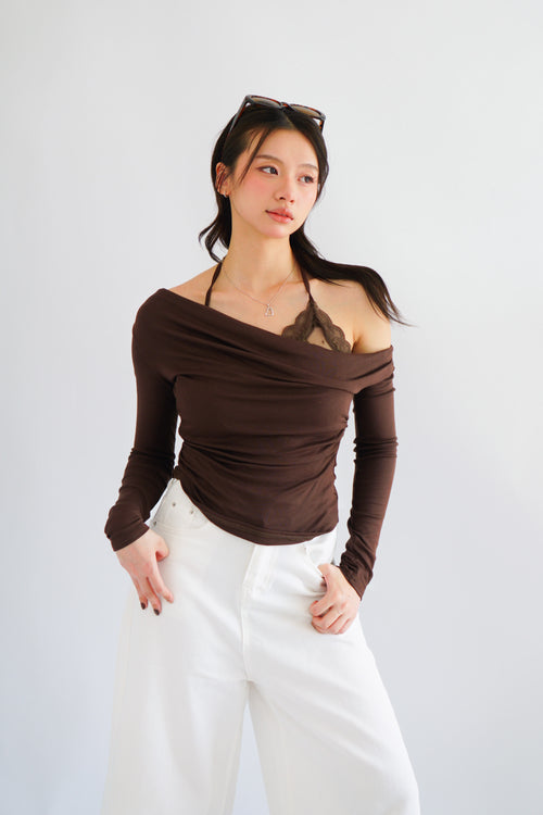 (BACKORDER) Nyra Faux 2 Piece Long Sleeve Lace Top in Brown