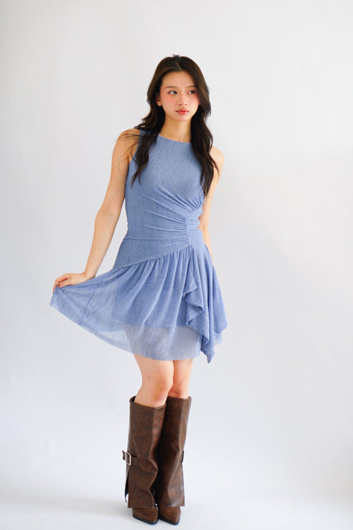 Orla Ruched Draped Dress in Blue