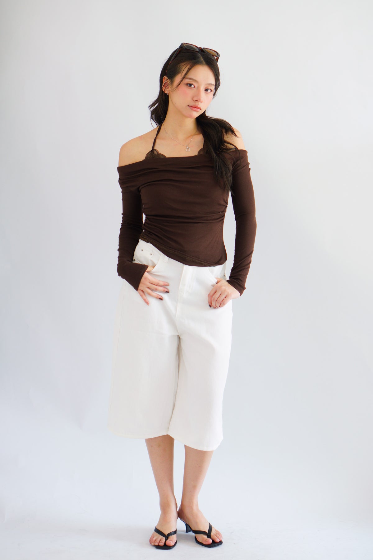 (BACKORDER) Nyra Faux 2 Piece Long Sleeve Lace Top in Brown