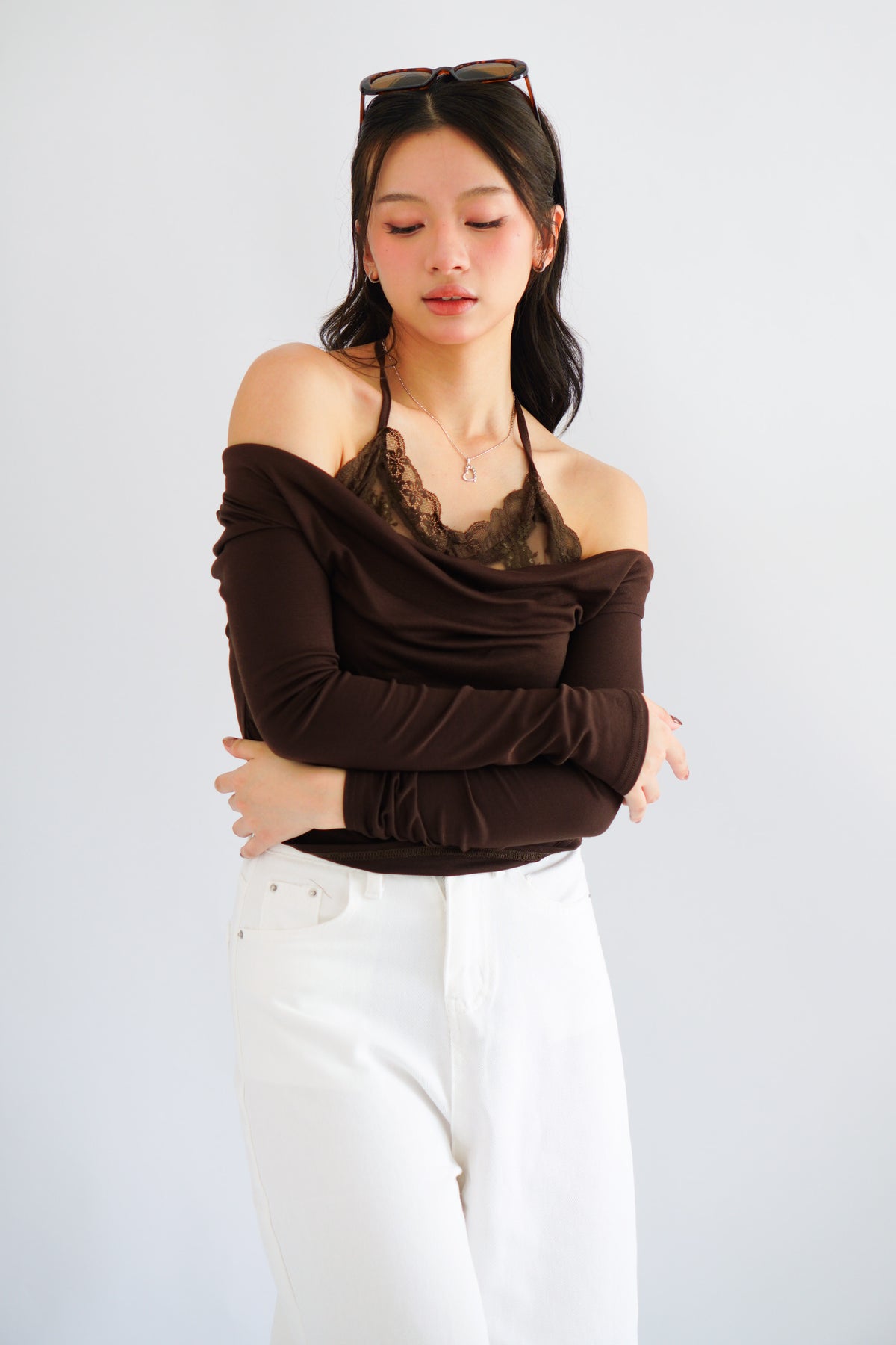 (BACKORDER) Nyra Faux 2 Piece Long Sleeve Lace Top in Brown