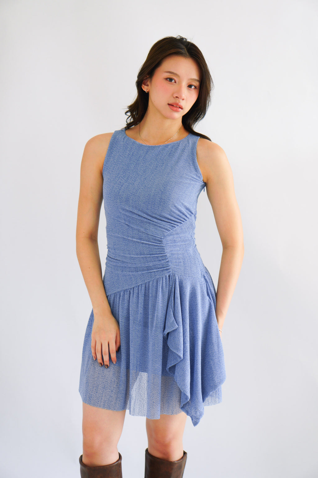 Orla Ruched Draped Dress in Blue