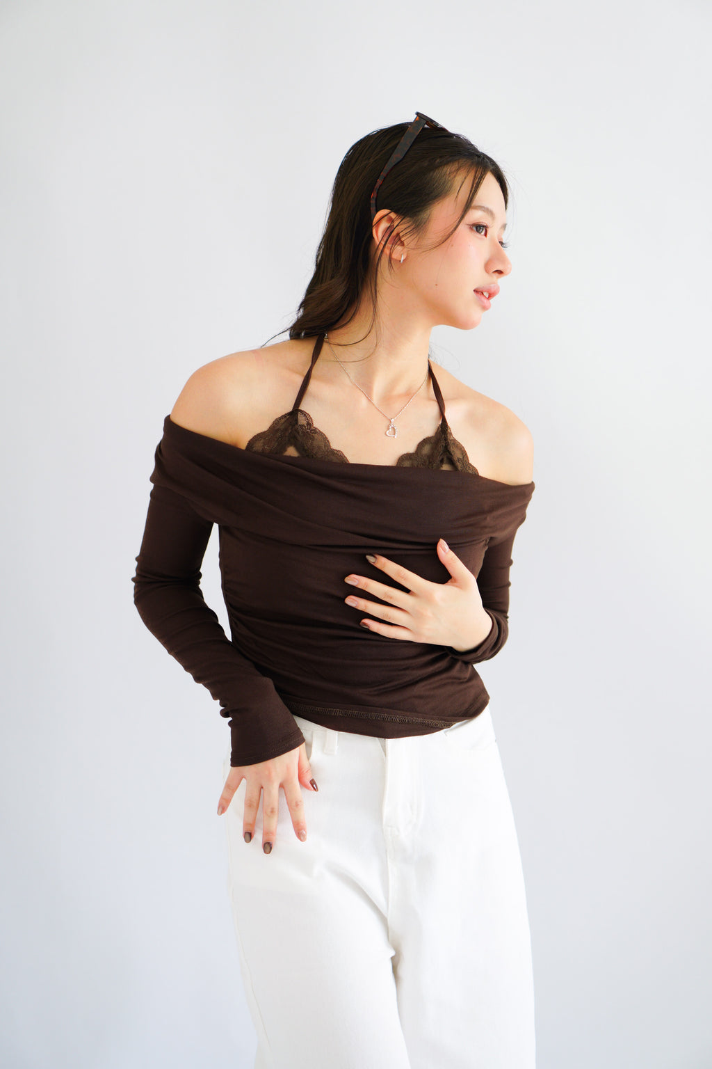 (BACKORDER) Nyra Faux 2 Piece Long Sleeve Lace Top in Brown