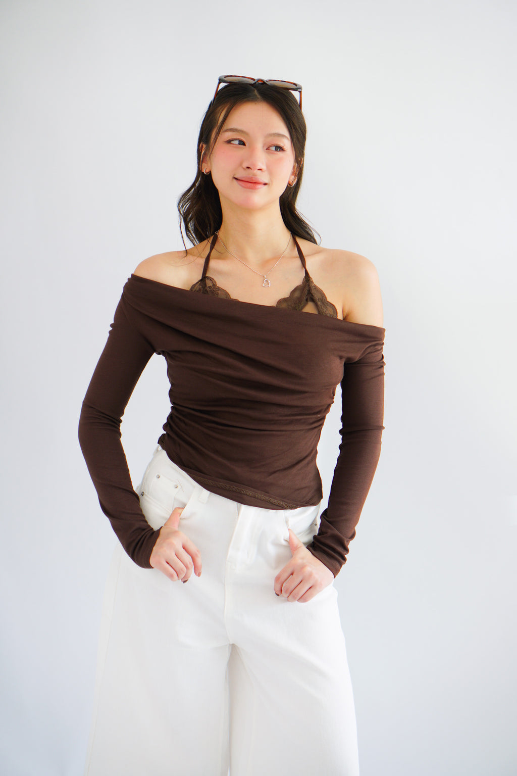 (BACKORDER) Nyra Faux 2 Piece Long Sleeve Lace Top in Brown