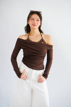 (BACKORDER) Nyra Faux 2 Piece Long Sleeve Lace Top in Brown