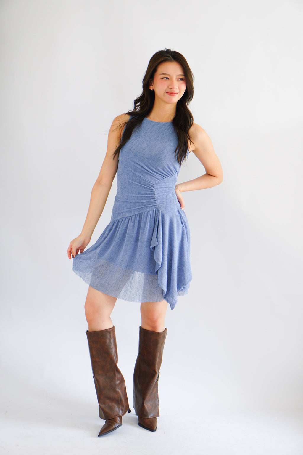 Orla Ruched Draped Dress in Blue