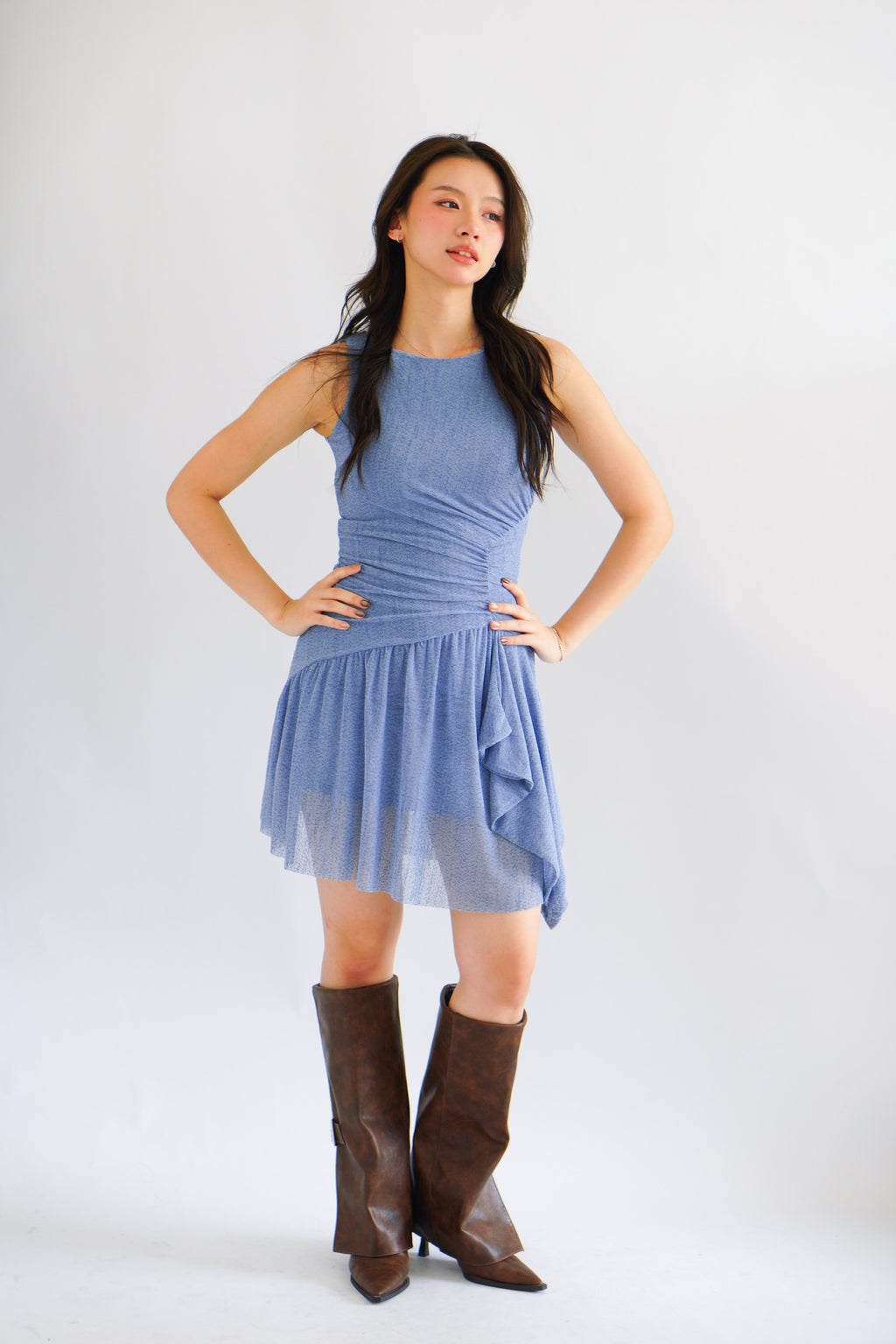Orla Ruched Draped Dress in Blue