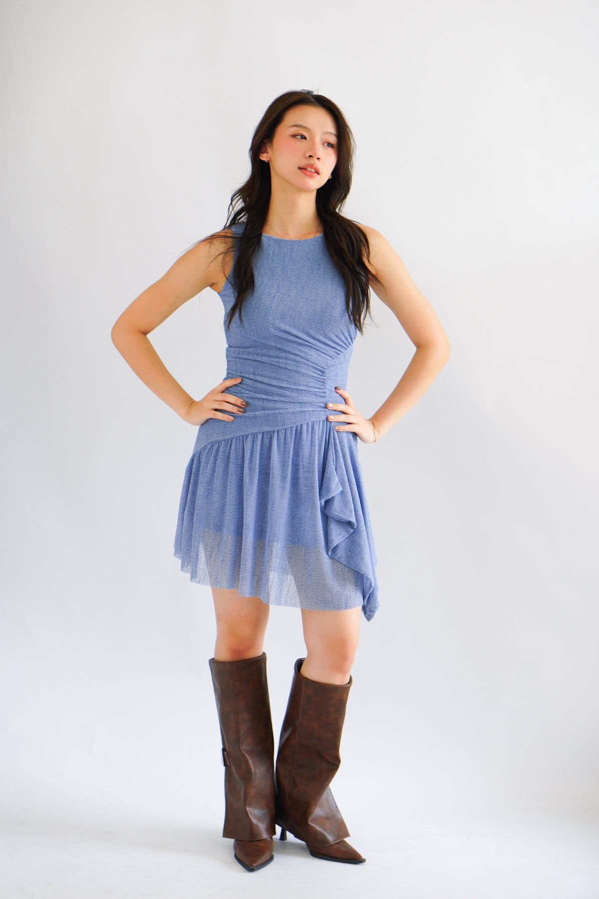 Orla Ruched Draped Dress in Blue