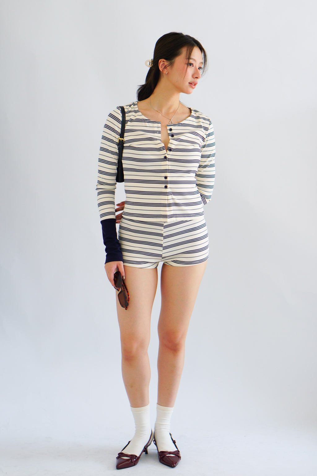 Zix Stripes Button Down Lounge 2 Piece Set in White and Blue
