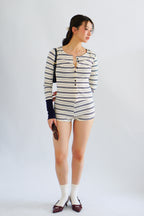 Zix Stripes Button Down Lounge 2 Piece Set in White and Blue