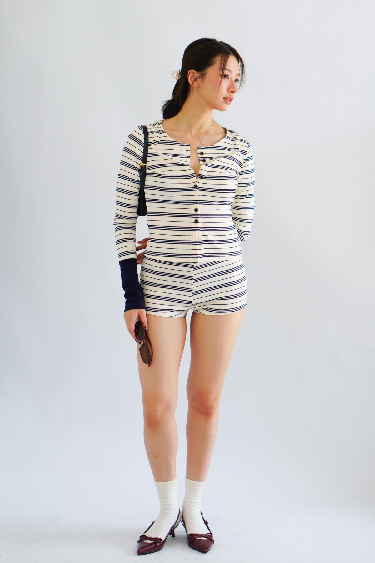 Zix Stripes Button Down Lounge 2 Piece Set in White and Blue
